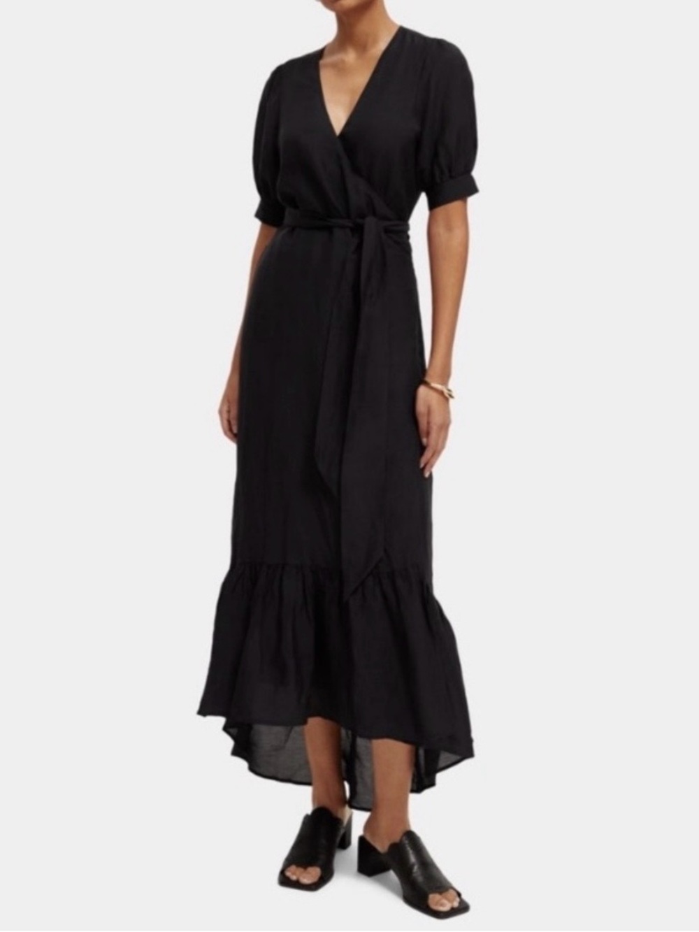 SCOTCH & SODA Maxi Wrap Dress VNeck in Black Linen. NWOT. Size small
